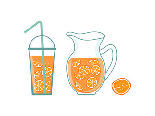 Orange juice glass pitcher and drinking glass. Natural lemonade in a glass pitcher, healthy drink, food with fruit, citrus slices. Healthy food. Summer refreshing drink. Vector illustration.