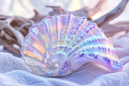Iridescent seashell showcasing vibrant pastel colors, sitting gracefully on a textured white cloth with driftwood in the background.