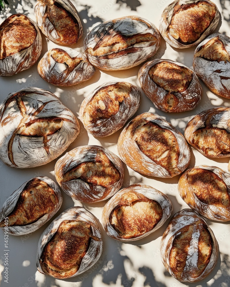 Poster rustic sourdough bread loaves arranged on a light surface with soft shadows creating an inviting and