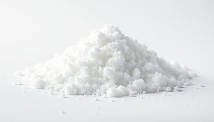 Pile of white sugar crystals on white background, closeup, refined
