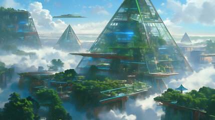 Futuristic green pyramid city in the sky with floating gardens and eco-architecture