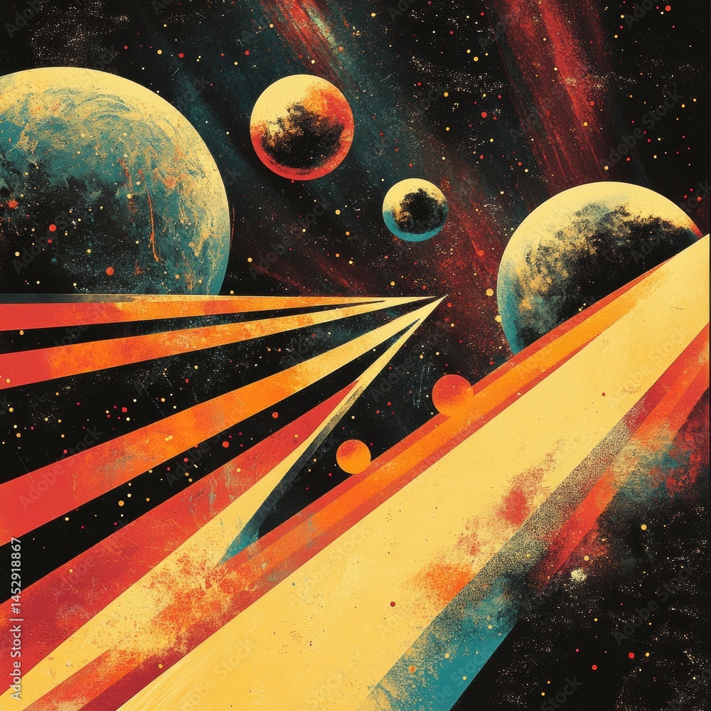 Poster dynamic cosmic exploration with vibrant colors and abstract shapes illustrating planetary movement i
