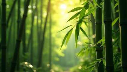 Naklejka premium Serene Bamboo Forest with Sunlight and Lush Greenery