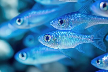 Fototapeta premium A school of vibrant blue fish swims in a clear underwater environment.