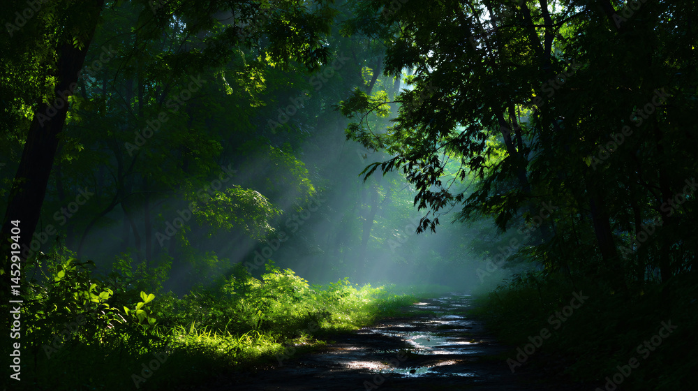 Poster a lush light-green forest pathway illuminated by sunlight filtering through misty tree diagram creat