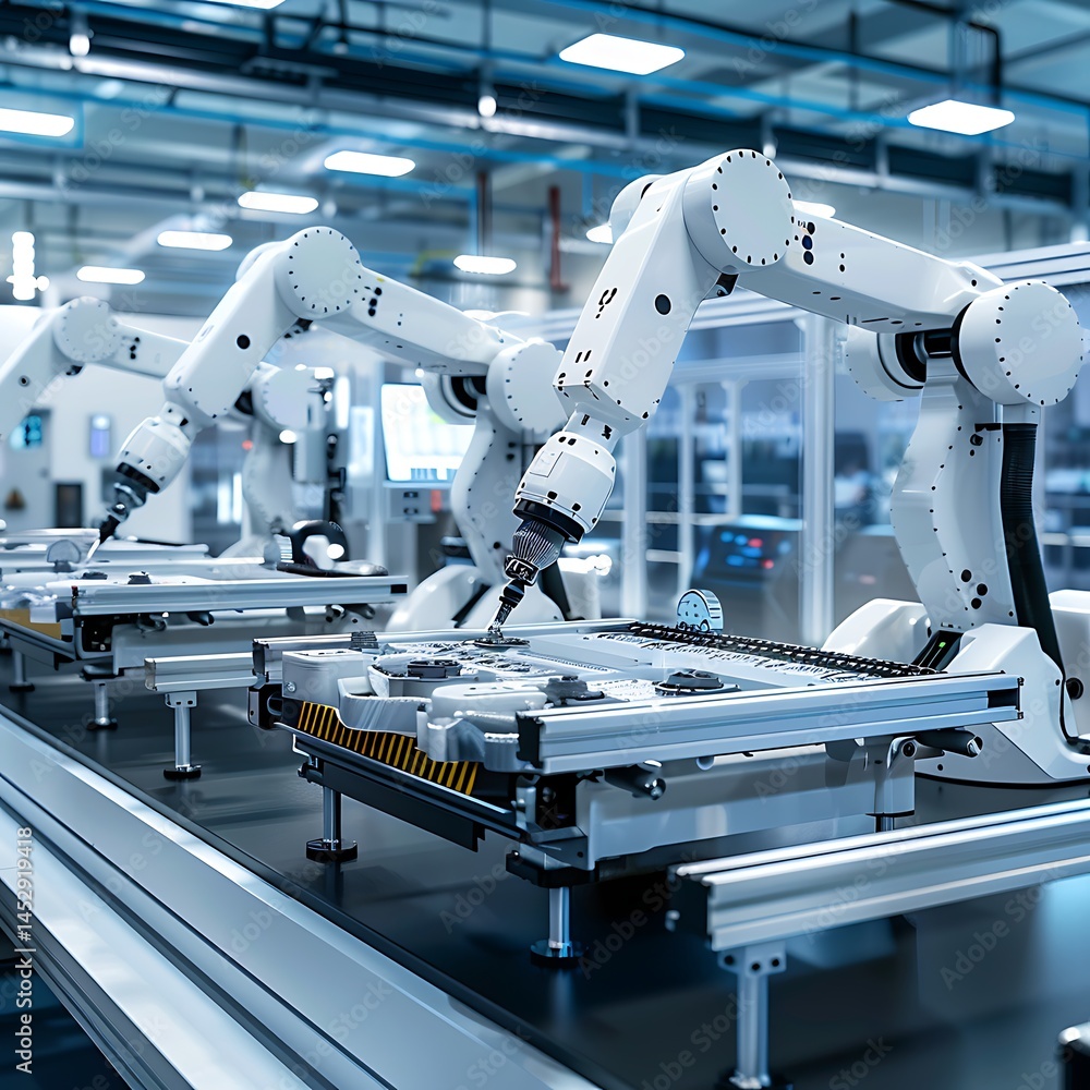 Poster robotic arms working on an automated assembly line in a modern factory setting. concept of industria