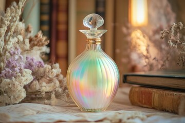 Fototapeta premium Iridescent perfume bottle with a glass stopper surrounded by vintage books and dried flowers on a textured cloth.