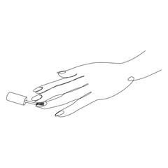 The lady does a manicure, paints her nails with varnish. Silhouette of female hands in a modern one line style. Solid line, aesthetic outline for decor, posters, stickers, logo. Vector illustration.