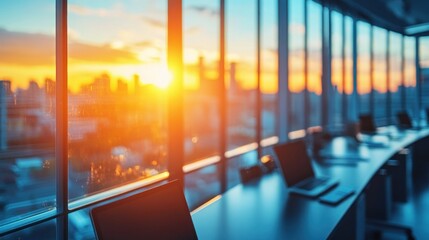 Plakat Modern office at sunset, city view
