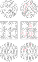 Circular, Square, and Hexagonal Mazes Solutions and Challenges