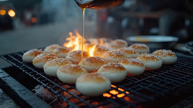 Hand pouring golden syrup on grilled pastries with warm glow and blurred cars.