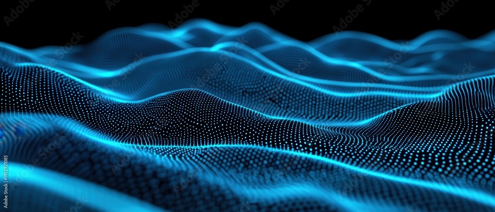 Poster abstract blue digital landscape with glowing dots on a black background creating a futuristic and mo