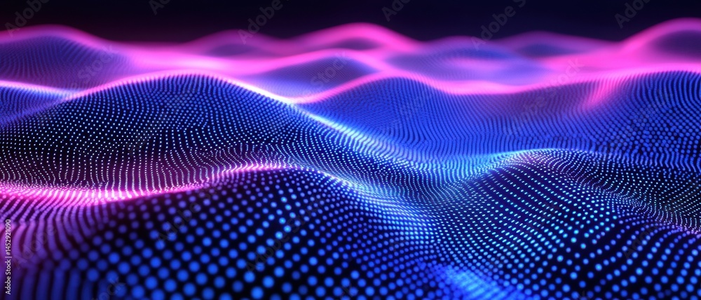 Poster abstract digital landscape with glowing blue and pink dots forming waves futuristic background conce