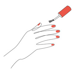 The lady does a manicure, paints her nails with varnish. Silhouette of female hands in a modern one line style. Solid line, aesthetic outline for decor, posters, stickers, logo. Vector illustration.
