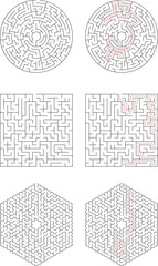 Circular, square, and hexagonal mazes puzzles, solutions, pathways, games, brain teaser