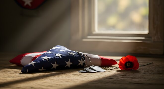 Neatly folded American flag and military dog tag with poppy flower in respectful quiet Veterans Day vector design