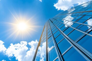 Modern Glass Skyscraper Under Bright Sunlight - A modern glass skyscraper reflects the bright sun and clouds, symbolizing ambition, success, innovation, growth, and progress