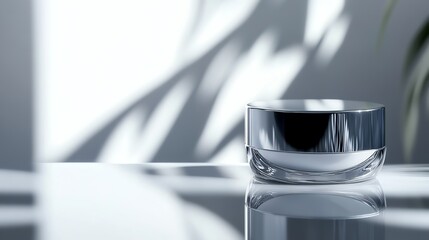 A sleek silver container reflecting soft shadows, ideal for showcasing elegance and simplicity in modern decor.