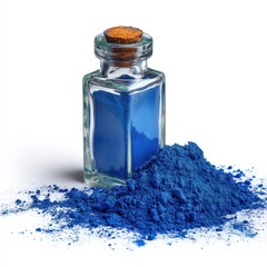 Obraz premium Vibrant Blue Pigment Powder Spilled from a Glass Bottle High quality image of a natural blue powder