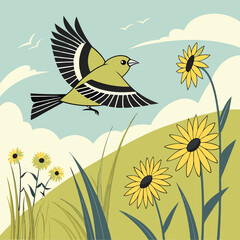 American Goldfinch flying over vibrant sunflower field on a sunny summer day, captured in a bright nature scene.
