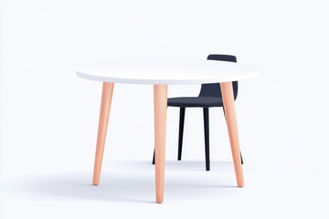 Modern White Circular Dining Table with Light Wood Legs - A minimalist circular dining table with light wood legs and a single black chair. Clean lines, simple design