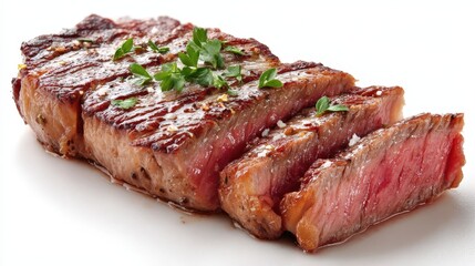 Fototapeta premium Delicious Grilled Steak Slices with Herbs and Spices Close up Shot Perfect for Restaurant Menus or Culinary Websites