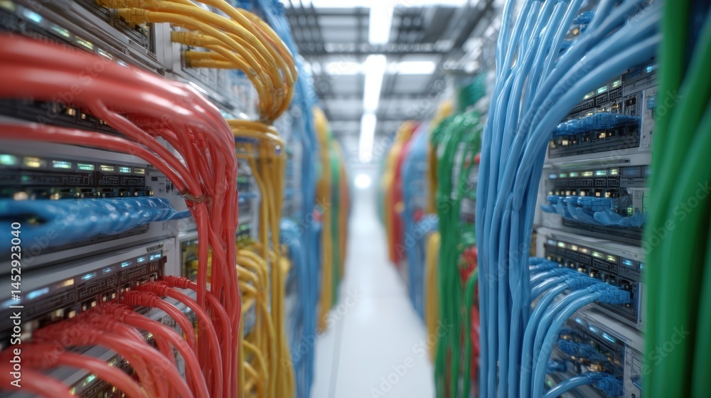 Poster colorful network cables in a modern data center server room rows of servers with multicolored fiber 