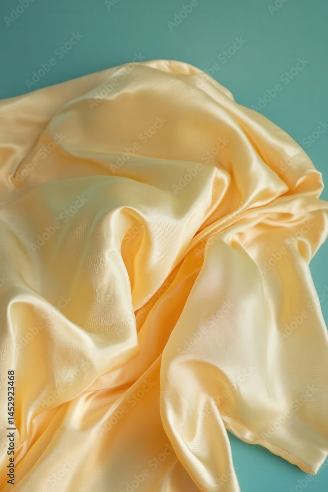 Poster elegant draped yellow silk fabric on turquoise background creates a soft and luxurious texture with 