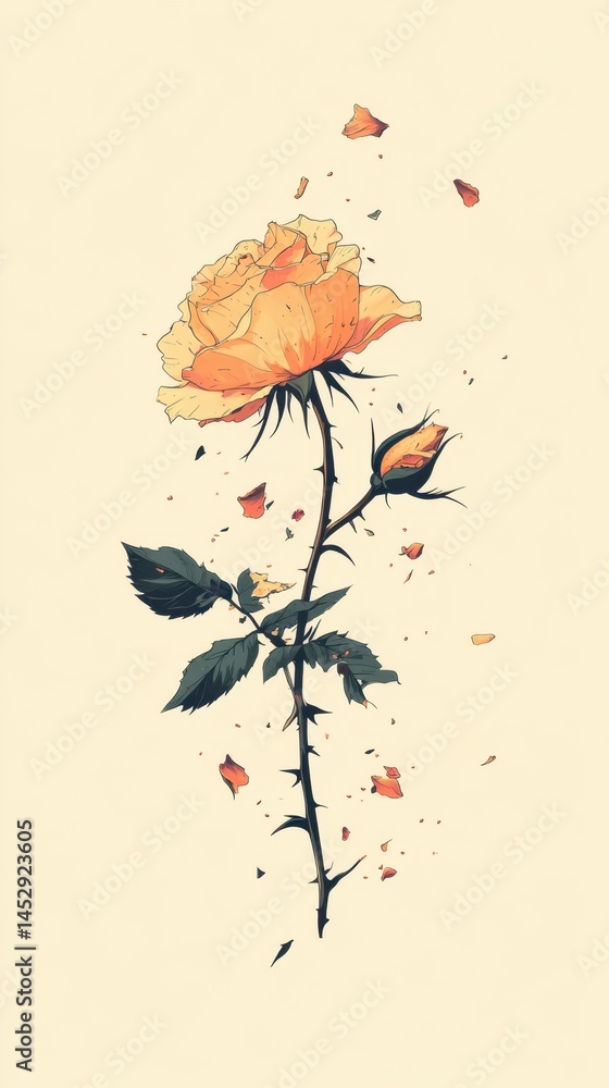 Poster artistic rendering of a peach rose with falling petals against a soft cream background, emphasizing 