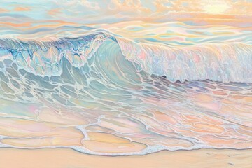 An ethereal wave crashes gently on a sandy beach under a pastel sunrise, capturing a serene, dreamy ocean scene.