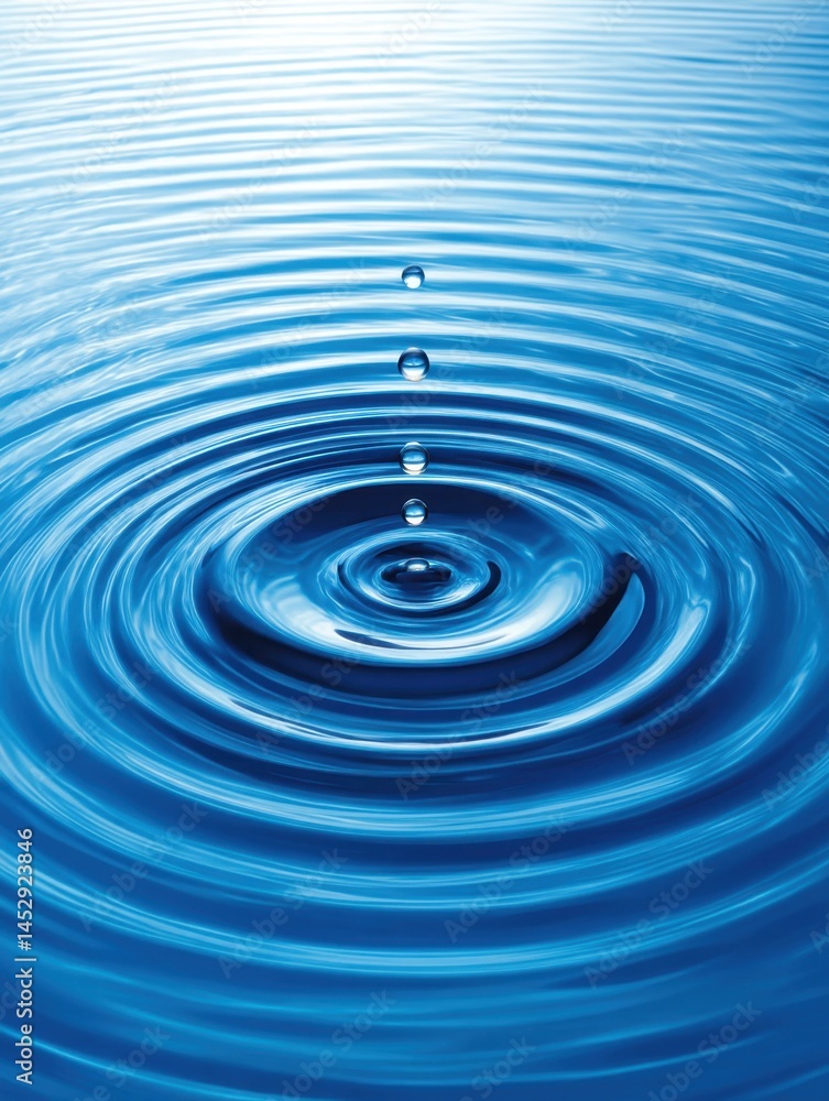 Poster captivating water drop sequence creating mesmerizing ripples on serene blue surface in a tranquil at