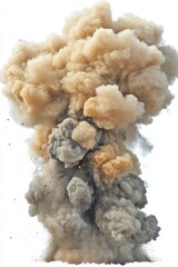 Dramatic explosion of smoke and dust against a white background creating a powerful visual impact with dynamic energy and abstract form for stock photography use