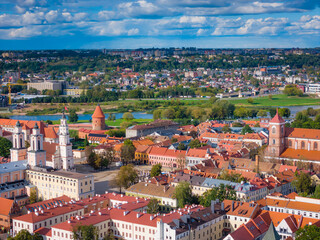 Fototapeta premium Kaunas old town, Lithuania. Panoramic drone aerial view photo of Kaunas city center with many historical buildings