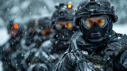 Fototapeta premium Special squad in combat action with professional weapons in black uniform with modern helmet equipped.