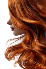 Fototapeta premium Elegant profile of a woman with long, vibrant red hair against a clean white backdrop.