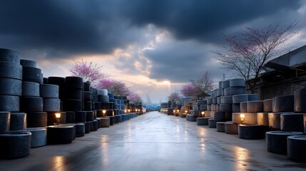 Industrial storage yard at dawn