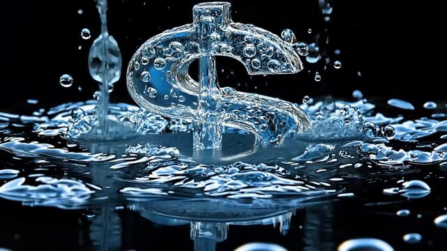 Dollar sign submerged in water splashing, financial crisis, money loss, business concept