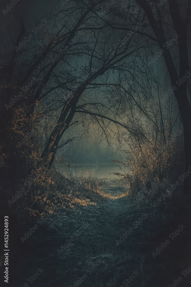 Poster moody lake view through natural archway of bare trees and golden grass in dim light of dusk creating