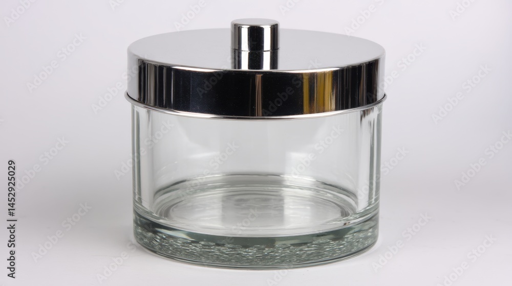 Poster elegant glass jar with chrome lid reflecting light on a clean white background studio shot capturing