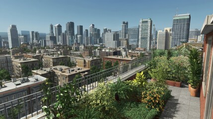 Naklejka premium Scenic urban rooftop garden offers stunning views of the city's skyline, blending nature with urban life.