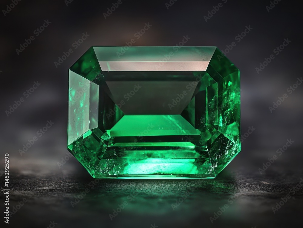 Poster captivating emerald cut gemstone gleaming with vibrant green hues against a dark elegant backdrop sh