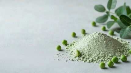 Pea flour pile, green peas, light background