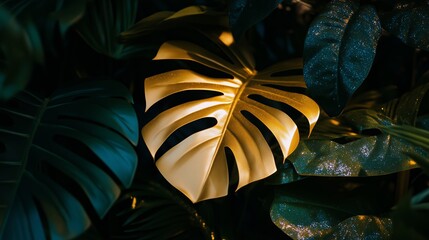 Obraz premium Shiny, vibrant tropical leaves in the dark