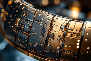 A close-up view of a curved circuit board with intricate gold and dark metallic components, showcasing advanced technology.