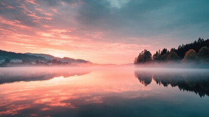 Obraz premium Tranquil Waterscape: A breathtaking panorama unfolds as the sun dips below the horizon, casting a warm, rosy glow across the tranquil lake.