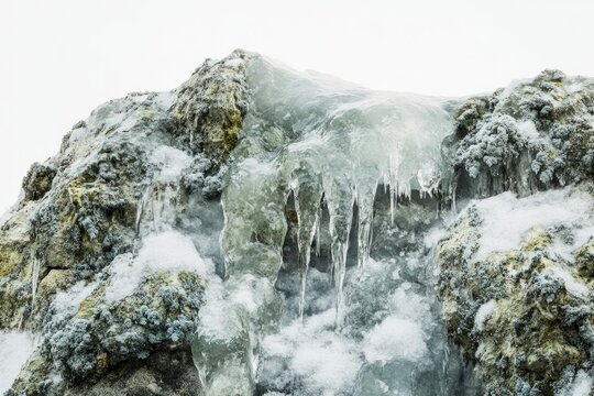 Frozen waterfall cascading over icy rocks, creating stunning icicles and a winter wonderland.