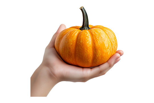 Hand holding pumpkin isolated on transparent background