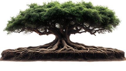 Ancient Tree with Exposed Roots Lush Foliage Nature Photography