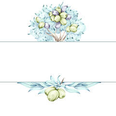 Olives and olive oil in watercolor illustrating the beauty of Italian cuisine and nature frame, border, arrangement