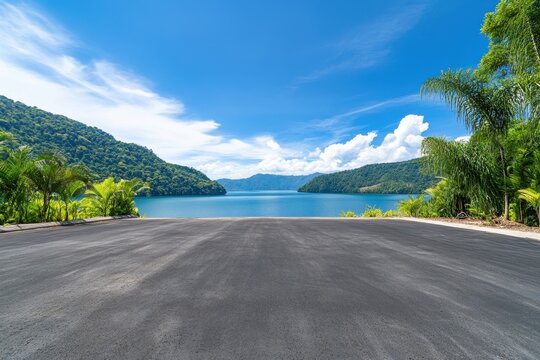 Serene lake vista with lush green hills under a clear blue sky casting a tranquil mood from a low angle perspective showcasing natural beauty